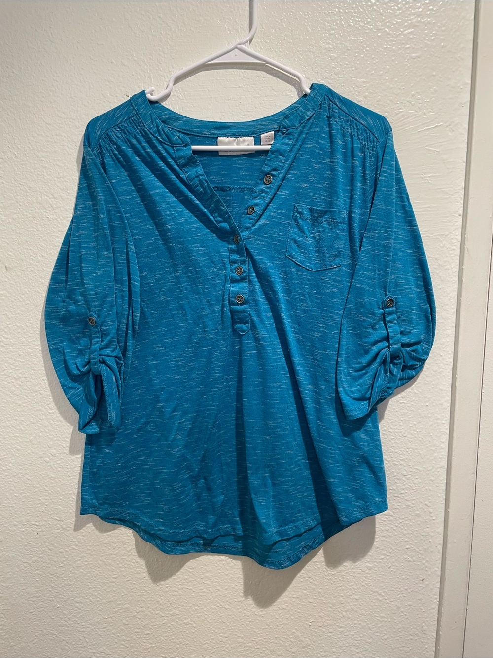 ✨ Avenue Teal 3/4 Roll-Tab Sleeve Slub Knit Henley Top Blouse Plus Size 14/16